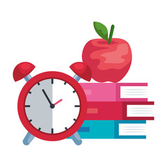 pile textbooks with alarm clock and apple