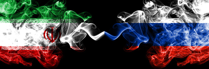 Iran vs Russia, Russian smoky mystic states flags placed side by side. Thick colored silky smokes flag combination of Iranian and Russia, Russian