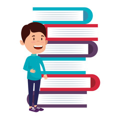 happy student boy with pile books