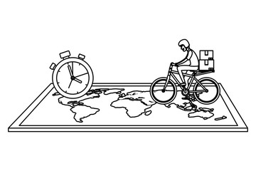 worker of delivery service in bicycle with chronometer and map