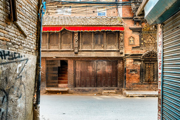 Old house facade in Thamel, Kathmandu, Nepal.