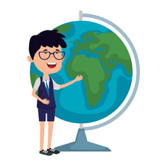 happy student boy with world map supply