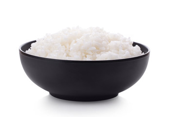 Rice in a black bowl isolated on a white background