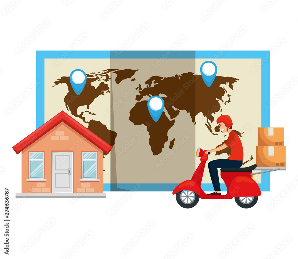 Canvas Prints worker of delivery service in motorcycle with house and map