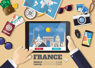 Hand holding smart tablet booking travel destination.France famous places.Vector concept banners in flat style with the set of traveling objects, accessories and tourism icon.
