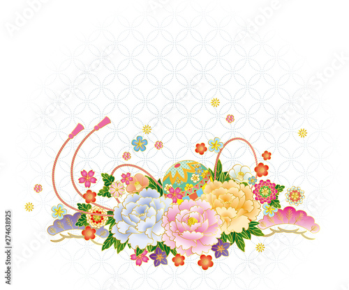 和風の花と七宝文様 背景素材 ベクターイラスト Wall Mural Hiro