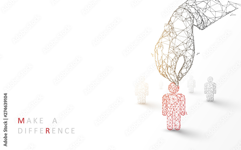 Poster hand picking up a red business person candidate. recruitment concept. lines, triangles and particle 