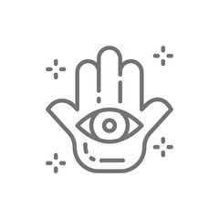 Hand of Fatima, Hamsa mascot, talisman, amulet line icon.
