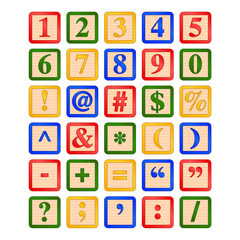 numbers and symbols children's wooden alphabet block vector graphic icon illustration