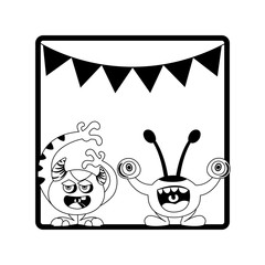 monochrome frame with monsters and garlands hanging