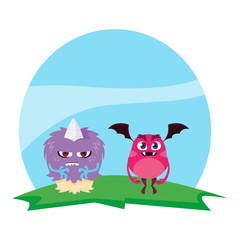 funny monsters couple in the field characters colorful