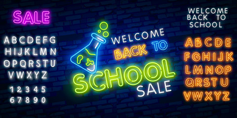 Back to School Welcome greeting card design template neon vector. Modern trend design, the beginning of the school year neon sign. Back to School for greeting card, invitation poster. Vector