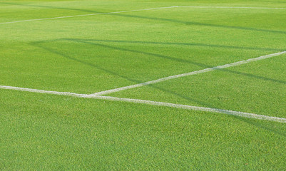 Empty football soccer field with white marks, green grass texture.