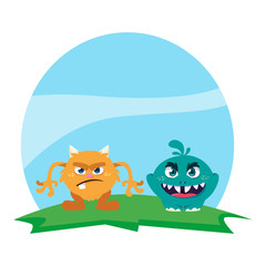 funny monsters couple in the field characters colorful