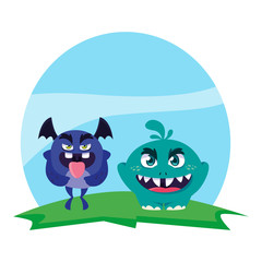 funny monsters couple in the field characters colorful
