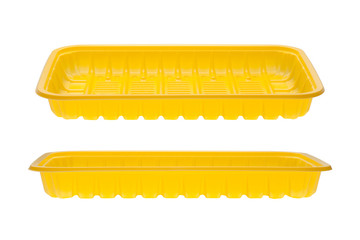 Yellow empty food tray isolated on white background.