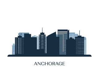 Anchorage skyline, monochrome silhouette. Vector illustration.