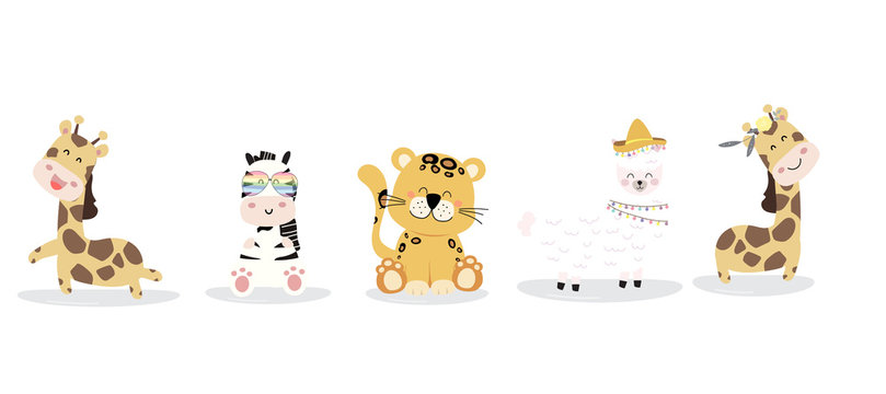 Cute zafari character with friend. Vector illustration for birthday invitation,postcard and sticker