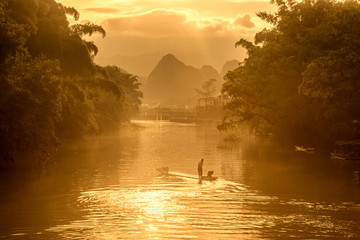 Sunrise of Guilin, Li River and Karst mountains. Located near Yangshuo County, Guilin City, Guangxi Province, China.