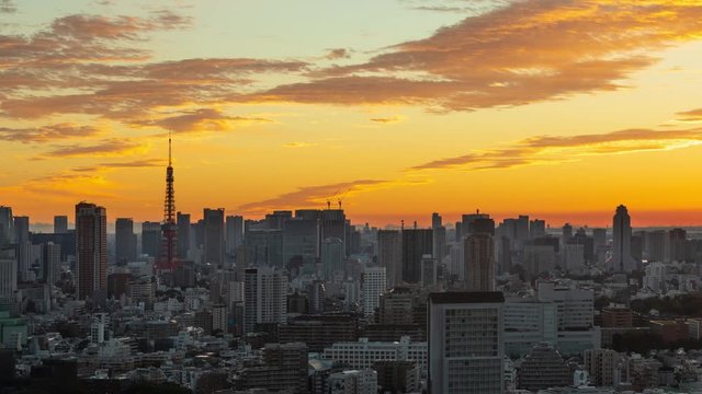 Time Lapse of the densely packs buildings of Tokyo Japan at sunrise
