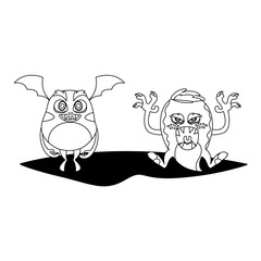 funny monsters couple comic characters monochrome