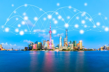 Modern city with wireless network connection concept in Shanghai