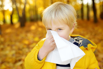 Little boy sneezing and wipes nose with napkin during walking in autumn park. Flu season and cold rhinitis. Allergic kid.