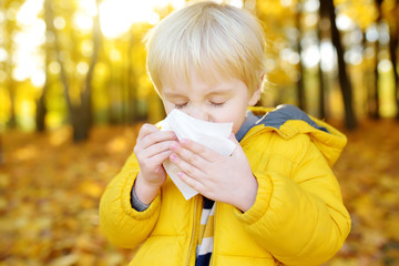 Little boy sneezing and wipes nose with napkin during walking in autumn park. Flu season and cold...