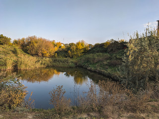 Forest lake autumn landscape background