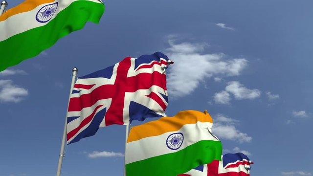 Row of waving flags of India and the United Kingdom, loopable 3D animation