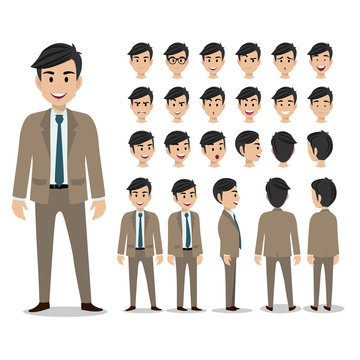 Cartoon character with business man in suit for animation. Man head set, front, side, back, 3-4 view character. Separate parts of body. Flat vector illustration.