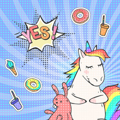 Cute hand drawn unicorn and speech bubble with text YES! Vector pop art background.