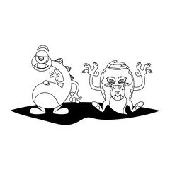 funny monsters couple comic characters monochrome