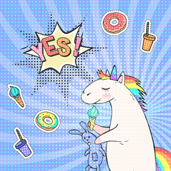 Cute hand drawn unicorn and speech bubble with text YES! Vector pop art background.