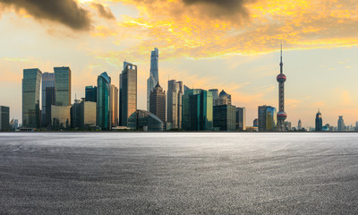 Empty race track and modern skyline and buildings in Shanghai,China