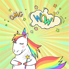 Pop art poster with cartoon unicorn, sticker OMG and speech bubble with text WOW!
