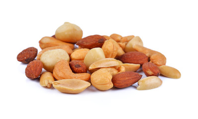 Assorted mixed nuts on white background