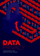 Data privacy concept, man pictogram transfer data to isometric lock keyhole door and barrier illustration poster and banner design isolated on blue background, with copy space