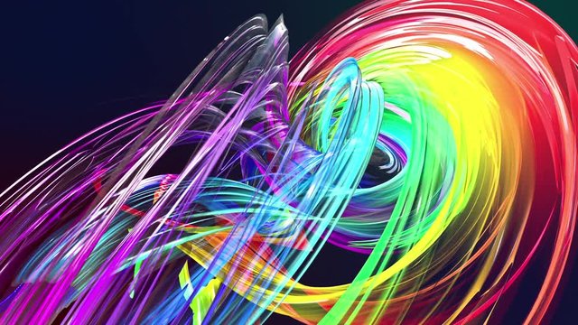 Abstract lines in motion as seamless creative background. Colorful stripes twist in a circular formation. Looped 3d smooth animation of bright shiny ribbons curled in circle. Multicolored 8