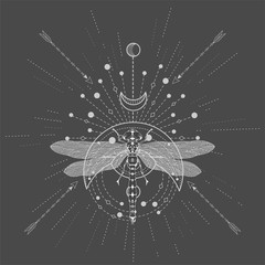 Obraz premium Vector illustration with hand drawn Dragonfly and Sacred symbol on black background. Abstract mystic sign. White linear shape. For you design, tattoo or magic craft.