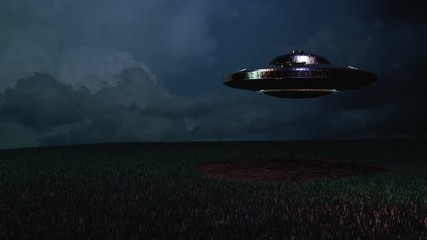 UFO spaceship landing at night - Powered by Adobe