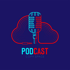 Retro Microphone logo icon outline stroke with Cloud shape frame cable dash line design, podcast internet radio program concept illustration isolated on dark blue background with PODCAST text, vector