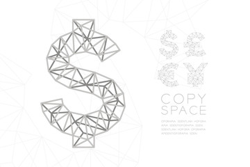 Obraz na płótnie Canvas Currency USD (United States Dollars) symbol wireframe Polygon silver frame structure, Business finance concept design illustration isolated on white background with copy space, vector eps 10