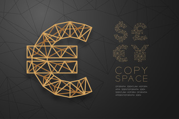 Currency EUR (European Euro) symbol wireframe Polygon golden frame structure, Business finance concept design illustration isolated on black gradient background with copy space, vector eps 10