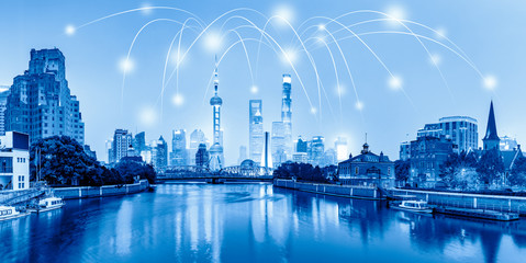 Fototapeta premium Modern city with wireless network connection concept in Shanghai