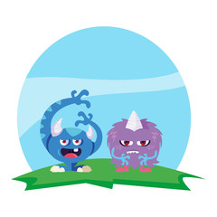 funny monsters couple in the field characters colorful