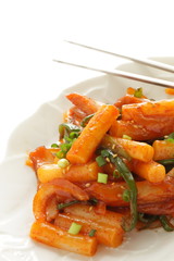 Korean food, rice cake and fish cake stir fried
