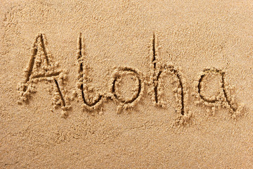 Aloha word written in sand on a sunny hawaii summer beach holiday vacation travel destination sign writing message photo