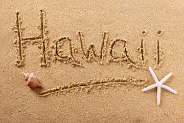 Hawaii word written in sand on a sunny summer beach with starfish holiday vacation travel destination sign writing message photo