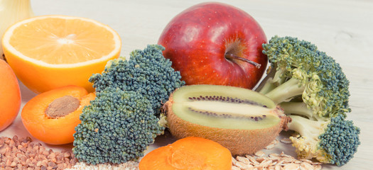 Ingredients containing vitamin B3, dietary fiber and minerals, healthy eating concept